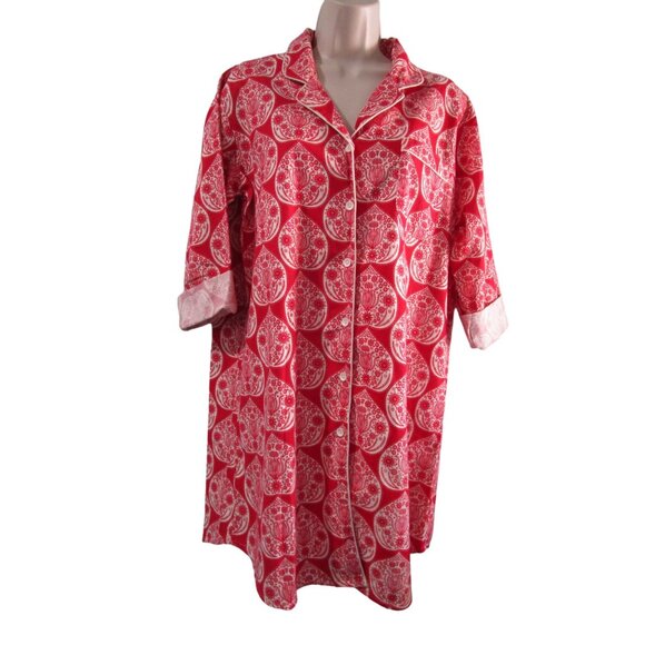 World Market Red White Floral Flannel S/M Button Up Nightshirt EUC Front Pocket - Picture 10 of 16